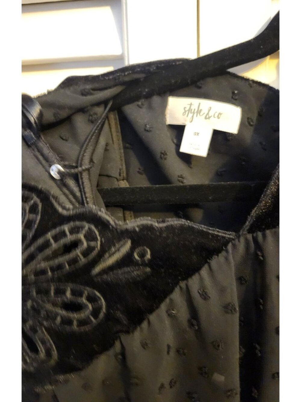 Style & Co Sz 0X Sheer Top Black Long Sleeves Dots Velvet Blouse - Picture 6 of 8